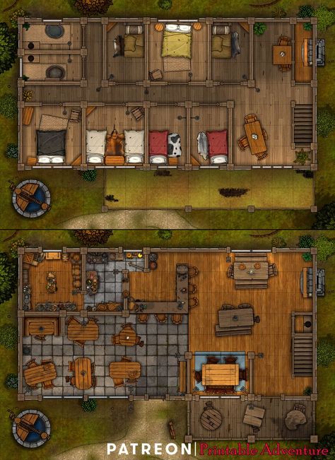 A simple tavern battlemap for Dnd or other tabletop games. Tavern Battlemap, Dnd World Map, Building Map, Battle Map, Dungeon Master's Guide, Savage Worlds, Tabletop Rpg Maps, Dnd Dragons, Medieval Houses