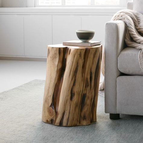 Tree Stump Side Table (12"–15") | West Elm Unique Nightstand Ideas, Nightstands Diy, Cool Nightstands, Bohemian Nightstand, Wood Stump Side Table, Nightstand Aesthetic, Stump Side Table, Log Side Table, Tree Stump Side Table