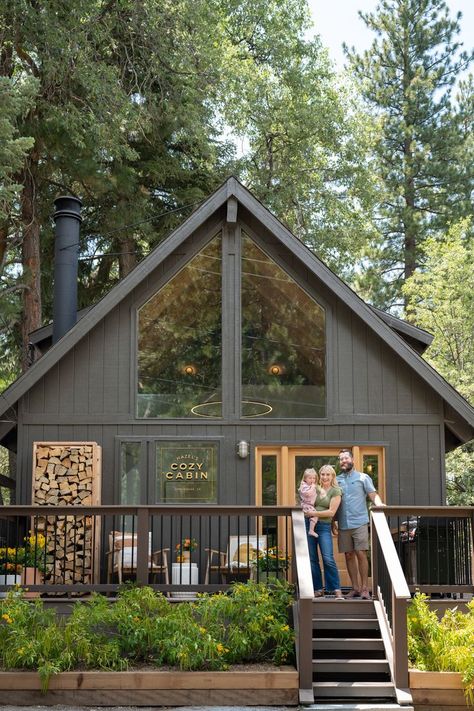 Cabins On The Lake, Dog Hobbit House, Cabin Wood Burning Stove, Modern Cabin Lake House, Cute Cabin Floor Plans, Cedar Shake Cabin Exterior, Cabin Decks Ideas, Cozy Cabin Modern, Cabin Makeover Exterior