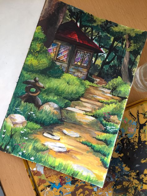 Easy Studio Ghibli Scenes To Paint, Aesthetic Gouache Art Landscape, Ghibli Art Painting, Aesthetic Gouache Art, Ghibli Painting, Painting On Canvas For Beginners, Canvas For Beginners, Drawing Simple, Gouache Art