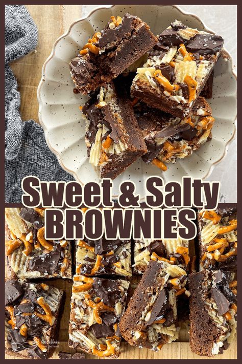 Sweet and Salty Brownies combine pretzels, potato chips and dark chocolate together to make the perfect brownies! Salty Brownies, Salty Desserts, Fudgy Brownie Recipe, Perfect Brownies, Pretzels Recipe, Dessert Bar Recipe, Homemade Donuts, Brownies Recipe Easy, Sweet Tarts