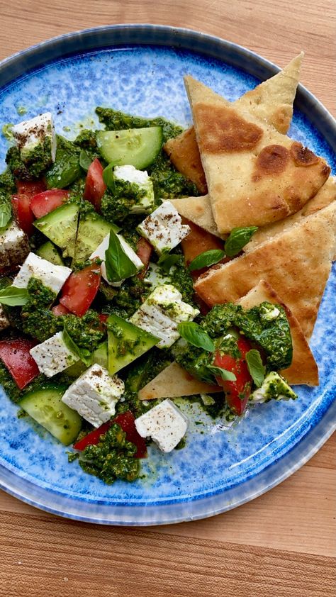 Tomato Cucumber Feta Salad, Feta Cucumber, Zaatar Recipe, Cucumber Feta Salad, Pesto Salad, Cheese Flatbread, Tomato Cucumber, Za Atar, Tomato Pesto