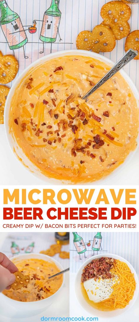 Creamy dip w/ bacon bits perfect for parties! #Microwave #Microwavecooking #College #Collegelife #Dormroomcook Microwave Cheese Dip, Microwave Appetizers, Oktoberfest Buffet, Easy Cheese Dip, Beer Cheese Dip Recipe, Easy Microwave Recipes, Cheese Dip Recipe, Flavored Beer, Cheese Cheddar