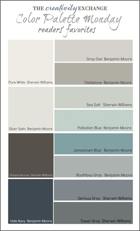 Readers' Favorite Paint Colors {Color Palette Monday} House Color Schemes Interior, Modern House Colors, Palladian Blue, Interior Paint Colors Schemes, Brown Living Room Decor, Vinyl Shutters, Hale Navy, Popular Paint Colors, House Color Palettes