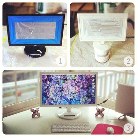 DIY: Glossy White 'Faux Mac' Monitor - The Budget Babe Paint Computer Monitor, Computer Monitor Decoration, White Computer Monitor, Painted Monitor, Monitor Decoration, Faux Mac, Mac Monitor, White Monitor, Painted Desk