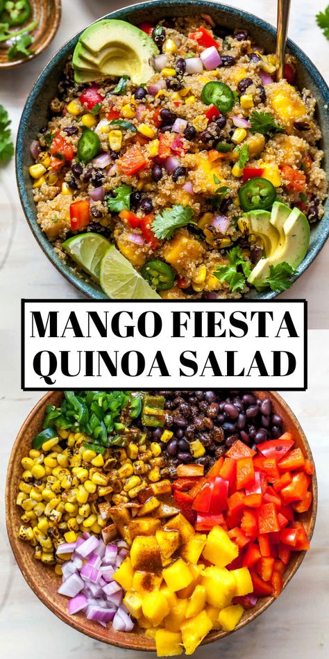 Fiesta Mango Quinoa Salad with black beans, corn, and chili-lime dressing. This 20 minute salad is vegan, gluten free, and perfect for entertaining. #quinoasalad #mangoquinoasalad #quinoasaladhealthy #quinoasaladeasy #blackbeansalad Quinoa Salad Vegan, Mango Quinoa Salad, Mango Quinoa, Salad With Black Beans, Recipes Mango, Black Beans Corn, Best Salad, Vegetarian Salad Recipes, Salad Vegan