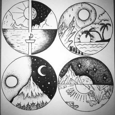 Scenery In A Circle Drawing, In Circle Drawings, Round Drawing, Circle Drawings, American Traditional Tattoo Ideas, Traditional Tattoo Ideas, Circle Tattoos, Pencil Sketch Images, Circle Drawing