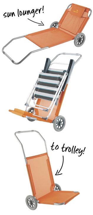 Sick of carrying all the bags down onto the beach? Load up this beach trolley, empty it out and voila! It unfolds into a sun lounger! Amazing huh?! Beach Trolley, Lifestyle Hacks, Beach Cart, Adaptive Equipment, Folding Lounge Chair, Airtight Storage, Emergency Preparation, Truck Camping, Camping World