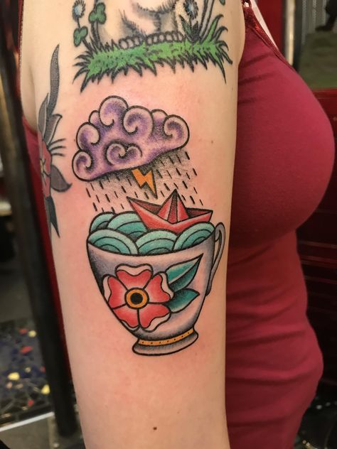 Storm In A Teacup Tattoo, Teapot Tattoo, Miss Morgan, Tea Tattoo, Teacup Tattoo, Storm Tattoo, Storm In A Teacup, Traditional Tattoo Old School, Cup Tattoo