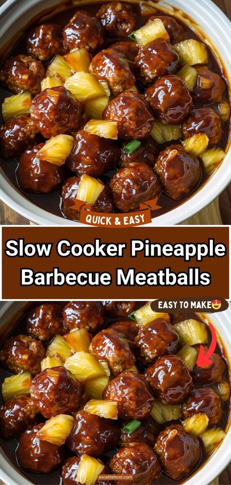 Slow Cooker Pineapple Barbecue Meatballs Slow Cooker Pineapple Bbq Meatballs, Slow Cooking For Two, Meatball Pineapple Crockpot, Meatball Recipes Pineapple, Pineapple Bbq Meatballs Crockpot, Best Bbq Meatball Recipe, Pineapple Meatball Recipes, Bbq Meatball Meals, Meatballs Bbq Crockpot