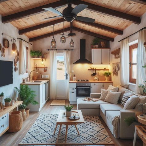 Annexe Interior Ideas, Mini Home Interior, Tiny House Kitchen Living Room, Tiny Cottage Interior Living Room, 600 Sq Ft House Interior Design, Mini Home Interior Design, Guest House Shed Interior, Tiny Cabin Interiors Small Cottages, Studio Cottage Interior