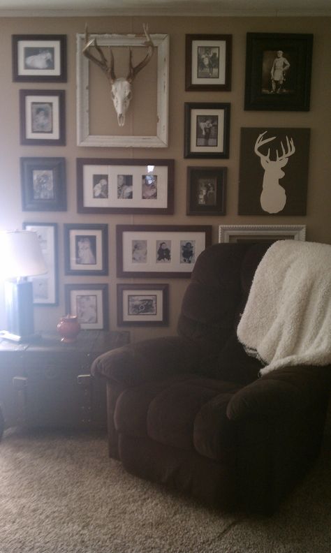 Floor to ceiling in one corner of my family room.  It took me FOREVER but I like the results. Deer Skull Decor Living Room, Deer Heads Living Room, Deer Skull Decor, Cabin Room, Rustic Living Room Furniture, Deer Skull, Floor To Ceiling, Living Room Remodel, Skull Decor