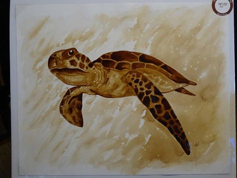 Tropical sea turtle beach coffee art Coffee Art Painting Artworks Easy, Coffee Painting Easy, Coffee Art Painting Simple, Coffee Art Painting Ideas, Coffee Painting Ideas Easy, Painting Using Coffee, Coffee Painting Ideas, Coffee Painting Canvas, Painting With Coffee