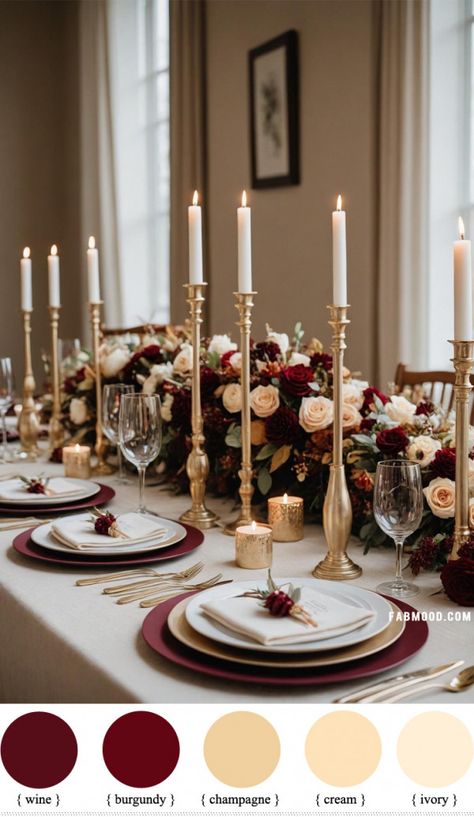 20 Burgundy Wedding Color Combinations for a Stunning Celebration Maroon And Gold Wedding Theme Receptions, Burgundy And Rose Gold Table Setting, Burgundy Blush And Gold Wedding Color Palettes, Wine Gold And White Wedding Decor, Burgundy And Cream Color Palette, Wedding Colors With Maroon, Champagne And Maroon Wedding Theme, Red Fall Wedding Colors, Burgundy Theme Wedding Decoration