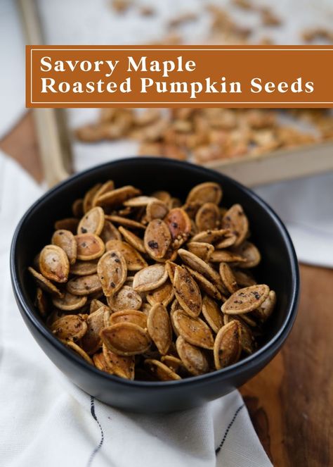 Bite into these sweet and savory snacks after you’ve carved your pumpkin. The maple syrup and cracked black pepper dress up a fall favorite, roasted pumpkin seeds. #pumpkinseeds #fall #maplesyrup #crackedblackpepper #snack Maple Roasted Pumpkin Seeds, Sprinkle Salt, Roasted Pumpkin, Light Golden Brown, Roasted Pumpkin Seeds, Light Snacks, Roast Pumpkin, Cracked Pepper, Sweet And Savory