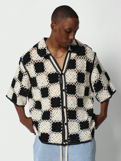 Oversized Fit Button Through Crochet Shirt With Checkerboard Detail Multicolor Casual  Short Sleeve Knitwear Plaid,All Over Print  Non-Stretch  Men Clothing, size features are:Bust: ,Length: ,Sleeve Length: Manche, Crochet Guys Clothes, Crochet Gift For Man, Men’s Crochet Vest, Crochet Top For Men, Men’s Crochet, Crochet Mens Sweater, Crochet Shirt Men, Crochet Men Shirt