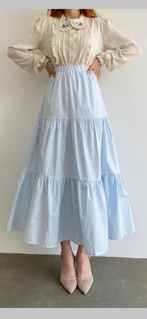 Cute Muslim Outfits Summer, Cloche Skirt, Blue Skirt Outfits, Long Blue Skirts, Cute Formal Dresses, Wedding Lehenga Designs, Long Skirt Fashion, Blouse Casual Fashion, Racun Shopee