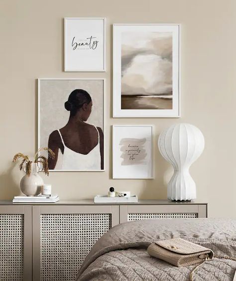 Calming Combination gallery wall Bedroom With Art, Gallery Wall Template, Small Gallery Wall, Large Gallery Wall, Collage Mural, Gallery Wall Bedroom, Perfect Gallery Wall, Gallery Wall Inspiration, White Picture Frames