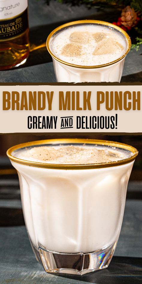 Two photos of the Brandy Milk Punch in a gold-rimmed cocktail glass with the overlay text saying "Brandy milk Punch creamy and delicious". Coffee Brandy Recipes, Brandy Milk Punch Recipe, Brandy Drinks Alcohol, Hot Brandy Drinks, Milk Punch Cocktail, Brandy Recipes Drinks, Edgar Allen Poe Cocktails, Brown Cow Drink, Brandy Drink Recipes