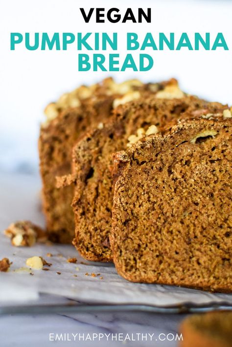 This recipe is moist and full of flavor. Pumpkin banana bread is vegan with no eggs, no dairy and even no oil. A healthier snack or breakfast option. #vegan #pumpkin #banana Banana Bread Recipe Oil, Healthy Pumpkin Banana Bread, Pumpkin Banana Bread Recipe, Banana Bread With Oil, Starbucks Pumpkin Bread, Pumpkin Banana Bread, Fall Vegan Recipes, Vegan Thanksgiving Recipes, Wfpb Recipes