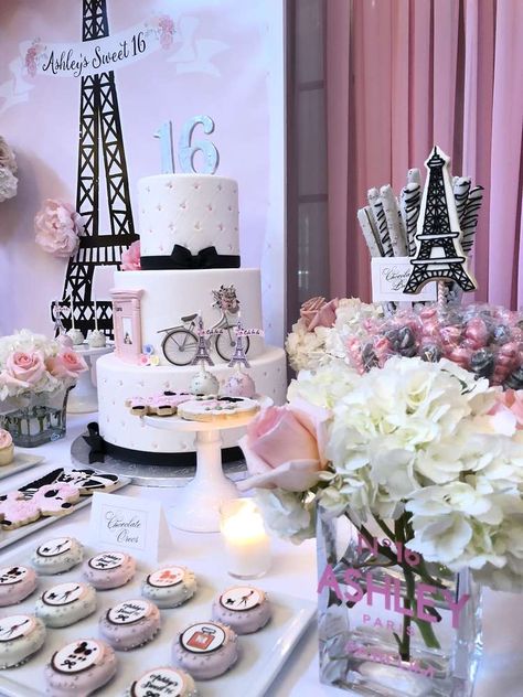 Ashley’s Tres Chic Sweet 16 | CatchMyParty.com Paris Theme Birthday Party Ideas, Birthday Paris Theme, Paris Quinceanera Theme, Paris Party Decorations, Paris Sweet 16, Paris Birthday Theme, Sweet 16 Party Themes, Paris Themed Birthday Party, Paris Theme Wedding