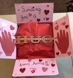 Care Package Ideas For Best Friend Long Distance, Valentines Box Long Distance, Hug Box Ideas, Care Package Box Ideas, Cute Care Package Ideas For Best Friend, Hug Day Gift Ideas For Him, Hug In A Box Care Package, Valentines Care Package For Kids, Valentines Care Package Ideas