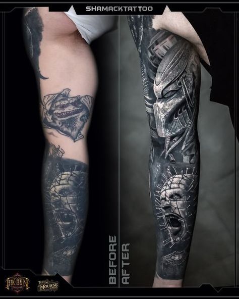 Absolutely awesome black & grey cover-up done by Shamack. We're loving the detail in this #realism piece as well as how beautifully it masks the piece below! If you're interested in a new tattoo or cover-up please get in touch:) #blackandgreyrealism #blackandgreytattoo #realismtattoo #coverup #coveruptattoo #inkden #inkdenstudio Cover Up Tattoos Before And After, Black And Grey Realism, Cowboys From Hell, Sketch Tattoo Design, Sketch Tattoo, Up Tattoo, Cover Up Tattoo, Up Tattoos, Realism Tattoo