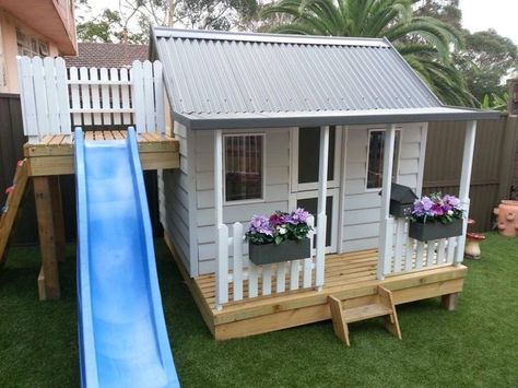 Kids playhouse slide Cubby House Plans, Cubby House Ideas, Children's House, Playhouse With Slide, Garden Playhouse, Playhouse Plans, Diy Playhouse, Backyard Playhouse, Build A Playhouse