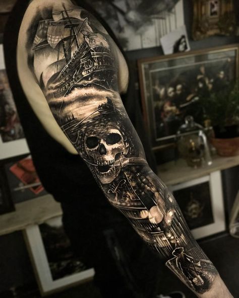 Pirate Sleeve Pirate Tattoo Sleeve, Pirate Sleeve, Tattoos Arm Mann, Ship Tattoo Sleeves, Pirate Skull Tattoos, Voll Arm-tattoos, Nautical Tattoo Sleeve, Sanskrit Tattoo, Pirate Tattoo