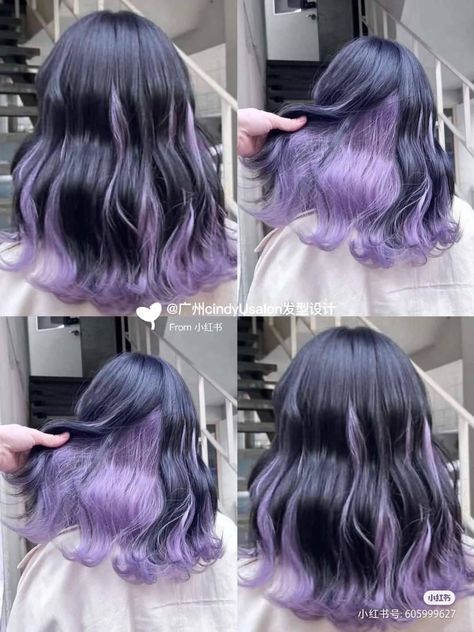 Black And Pastel Purple Hair, Hair Color Ideas For Short Black Hair, Black Hair With Lilac Highlights, Purple Faded Hair, Purple Hair Highlights On Black Hair, Purple Hair With Black Highlights, Hair Color Short Hair Ideas, Dark Dyed Hair Colors, Black Hair With Purple Ends