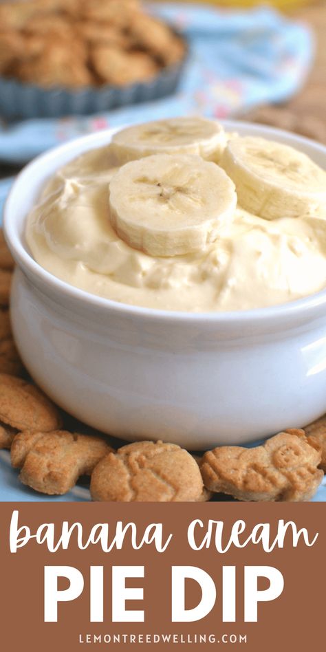 Easy Banana Cream Pie Dip makes a simple, delicious snack that's perfect for kids. Serve it with graham crackers or vanilla wafers for a fun flavor combination that everyone will LOVE! Pudding Dip, Banana Pudding Dip, Graham Cracker Dip, Easy Banana Cream Pie, Banana Dip, Cracker Dip, Pie Dip, Jello Desserts, Banana Cream Pie