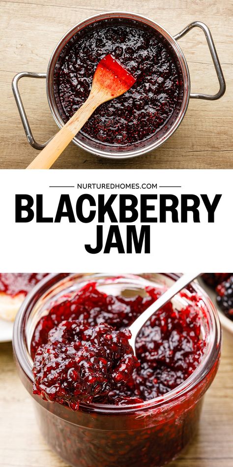 Refrigerator Blackberry Jam Recipe (No Pectin Required!) - Nurtured Homes Blackberry Jam No Pectin, Blackberry Jam Recipe, Berry Jam Recipe, Refrigerator Jam, Homemade Blackberry Jam, Tomato Jam Recipe, Blackberry Jam Recipes, Peach Jam Recipe, Breakfast Spread