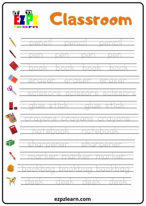 More fun with your teaching with Free Printable Tracing Vocabulary Worksheet topic Classroom worksheets for ESL teachers using for kindergarten, preschool and so on you can either download or print directly from our website. Free Printable Tracing Worksheets, Printable Tracing Worksheets, Writing Practice Kindergarten, Writing Sentences Worksheets, Classroom Objects, Kids Handwriting Practice, Writing Practice Sheets, English Worksheets For Kindergarten, Kids Handwriting