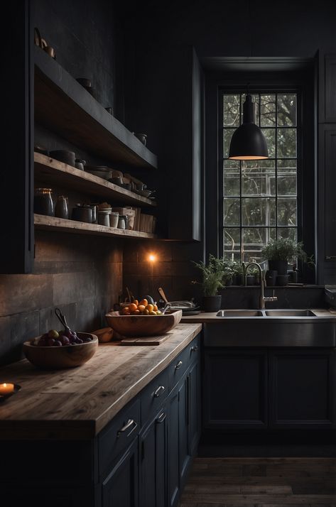 25 Stunning Moody Dark Kitchens That Will Leave You in Awe » Comfy Ideas Dark Brick Backsplash Kitchen, Dark Moody Interior Paint Colors, Black Furniture Kitchen, Moody Dark Interior Design, Dark Colored Cabinets, Dark Green Moody Kitchen, Dark And Moody Kitchens, Moody Kitchen Cabinet Colors, Moody Minimalist Kitchen