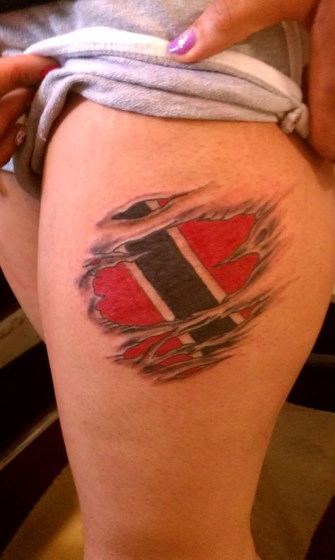 Trinidad flag tattoo Trinidadian Tattoos, Trinidad Tattoo Ideas, Trinidad Tattoo, Front Thigh Tattoos, Trinidad Flag, Dark Skin Tattoo, Patriotic Tattoos, Meaningful Tattoo Quotes, Hip Tattoos Women