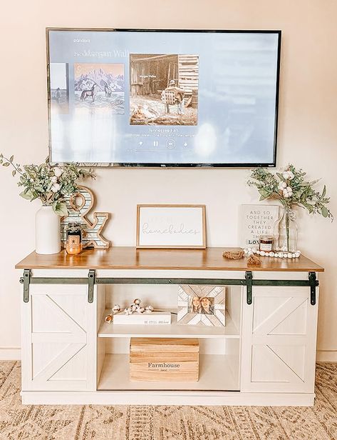 JUMMICO Farmhouse TV Stand up to 65 Inches, Mid Century Modern Entertainment Center with Sliding Barn Doors and Storage Cabinets, Metal Media TV Console Table for Living Room (Bright White) Tv Stand Decor Western, Neutral Entertainment Center Decor, Media Stands Living Room, Decorating A Tv Stand, Diy Tv Entertainment Center, Neutral Tv Stand Decor, Boho Tv Stand Decor, Farmhouse Tv Console Decor, Modern Farmhouse Tv Stand Decor