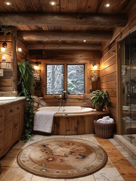 Shower Cabin With Bathtub, Log Homes Bathroom, Log Cabin Master Bath, Log Cabin House Aesthetic, Log Cabin Homes Interior Bathroom, Cabin In The Woods Bathroom, Mountain House Bathroom Ideas, Bathroom Ideas Cabin, Log House Bathroom