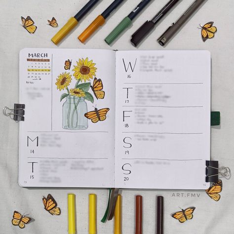 Sunflower themed bujo spread Sunflower Bujo, Butterfly Bullet Journal, Weekly Bullet Journal, March Bullet Journal, Sunflower Theme, Bullet Journal Spread, Write It Down, Bullet Journal Inspiration, Journal Covers