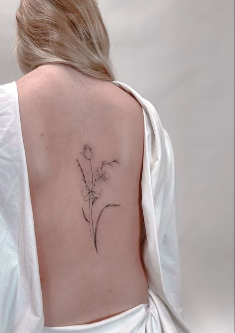 Tulip And Orchid Tattoo, Orchid Spine Tattoo, Tulip Back Tattoo, Tulip Spine Tattoo, Orchid Back Tattoo, Fine Line Orchid Tattoo, Tattoo Vision Board, Orchid Flower Tattoos, Self-love Tattoo Ideas