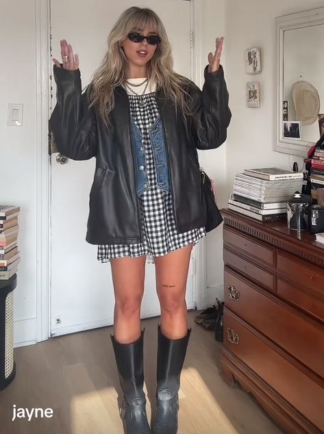 Royel Otis Concert Outfit, Mini Dress With Platform Boots, Black Boot Concert Outfit, Western Boots Winter Outfit, Austin Spring Outfits, Gallery Assistant Outfit, Mini Dress And Jacket Outfit, Tall Boot Fall Outfits, Black Cowboy Boots Winter Outfit