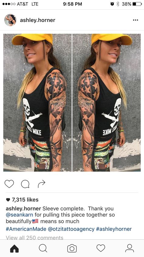 Ashley Horner tattoo sleeve. America!! Military Sleeve Tattoo, Ashley Horner, Patriotic Tattoos, Army Tattoos, Polynesian Tattoos, Girls With Sleeve Tattoos, Full Sleeve Tattoo Design, Military Tattoos, Geometric Tattoos