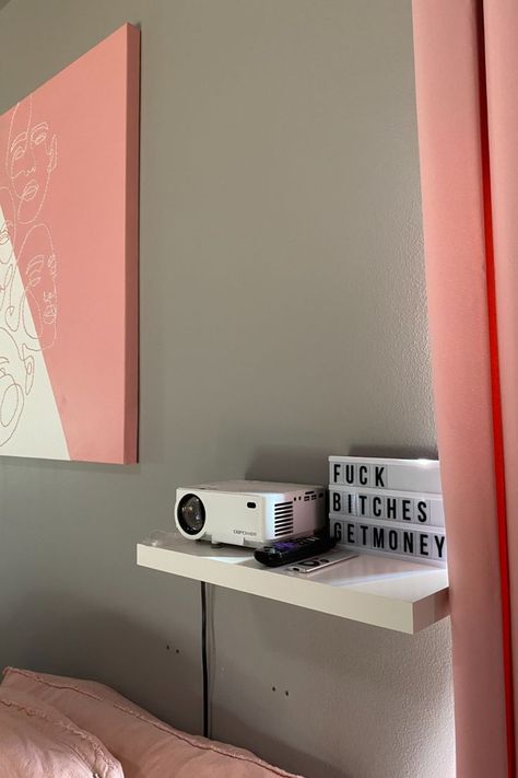 Bedroom Projector, Projector Shelf, Projector In Bedroom, Bedroom Pink, Eclectic Living Room, Home Organisation, Dream Room Inspiration, Movie Room, Pink Bedroom