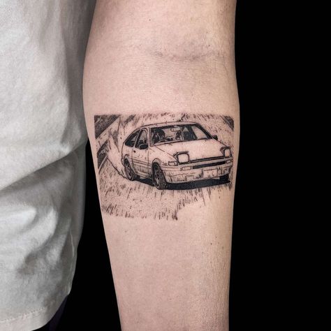 Tokyo Drift Tattoo, Racing Tattoo Ideas, Jdm Tattoo Ideas, Initial D Tattoo, Jdm Tattoo, Car Guy Tattoos, Slayer Tattoo, Men's Small Tattoo, Compass Tattoo Design