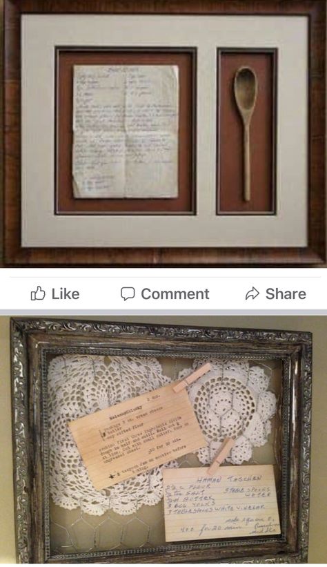 Recipe Shadow Box Ideas, Family History Wall Display, Old Recipe Display Ideas, Memory Shadow Box Ideas, Memorabilia Display Ideas, Memorial Keepsake Ideas, Recipe Display Ideas, Recipe Display, Heirloom Decor