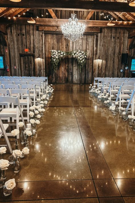 White wedding flowers for the wedding arbor and wedding aisle. Wedding Aisle Simple Decor, Bud Vases Down Aisle Wedding, White Roses Down Isle, Bud Vases Aisle, Roses Down The Aisle Wedding, Candle And Flower Wedding Aisle, Simple Elegant Wedding Aisle, White Roses Down Aisle, Aisle Decorations Wedding Simple