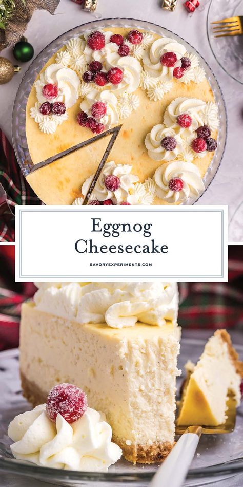 This creamy, decadent Eggnog Cheesecake recipe is a seasonal favorite that will satisfy any sweet tooth during the holidays! Cream Egg Recipes, Baked Eggnog Cheesecake, Gingerbread Eggnog Cheesecake, Almond Cheesecake Recipes, Best Eggnog Cheesecake Recipe, Eggnog No Bake Cheesecake, Best Thanksgiving Cheesecake, No Bake Eggnog Cheesecake Recipe, Christmas Morning Dessert