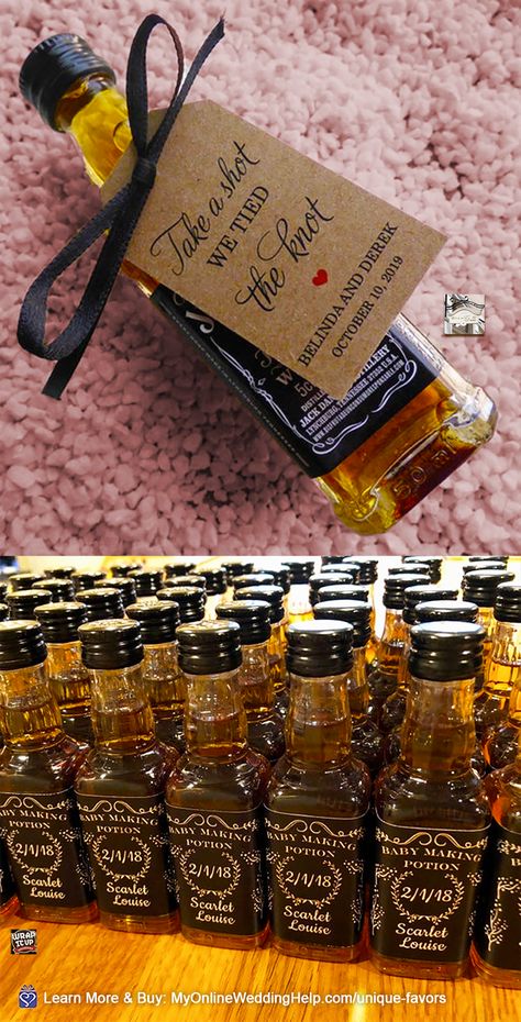 Miniature bottle wedding favors are the perfect choice for wedding guests who like to drink. You can order these custom mini alcohol bottle labels and favor tags to make your own custom varieties. Look for more information and buy links in the Edible Favors section of non-traditional wedding favors post on MyOnlineWeddingHelp.com Bottle Wedding Favors, Alcohol Wedding Favors, Traditional Wedding Favours, Wedding Alcohol, Edible Favors, Wedding Favor Ideas, Halloween Themed Wedding, Non Traditional Wedding, Wedding Reception Ideas