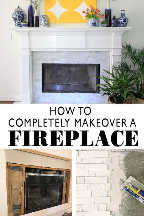 Marble Tile Fireplace Makeover - Deeply Southern Home Before And After Fireplace, Removable Brick Wallpaper, Granite Fireplace, Marble Fireplace Surround, Buy My House, Double Sided Fireplace, Marble Fireplace, White Fireplace, Fireplace Surround