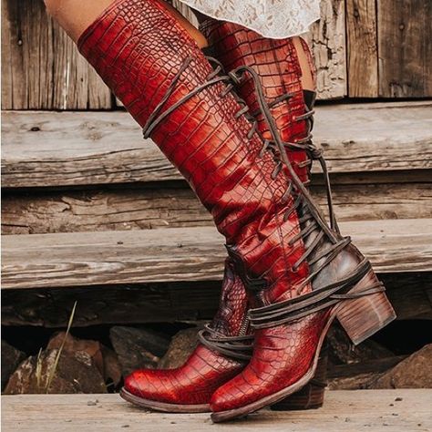 Freebird Coal Red Crocodile tall boot Red Knee High Boots, Croc Boots, Best Boots, Crocs Boots, Handcrafted Boots, Freebird By Steven, Tall Boot, Cool Boots, Womens Ankle Boots