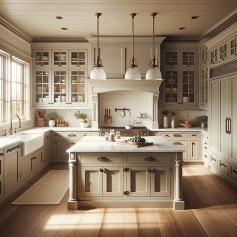 taupe farmhouse kitchen cabinets Kitchen Cabinets Antique White, Painted Farmhouse Cabinets, Sw Beige Cabinets, Small Taupe Kitchen, Detailed Kitchen Cabinets, Classic Cream Kitchen, Taupe And White Kitchen Cabinets, Kensington Taupe Cabinets, Taupe Cabinets Wood Island